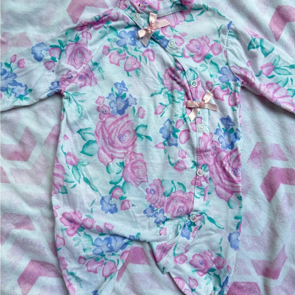 Vintage Floral Baby Onesie with Pink Bows